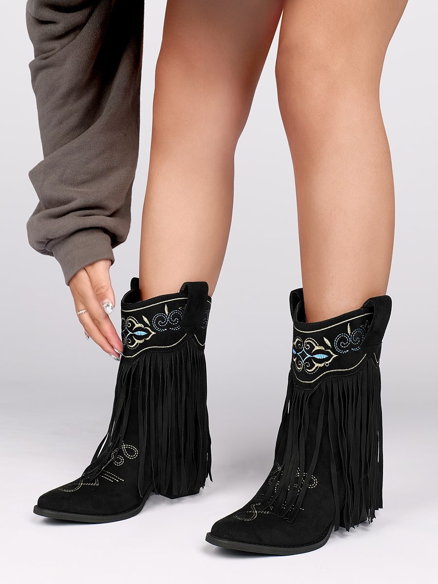 Fringe Embroidery Faux Suede Cowgirl Boots