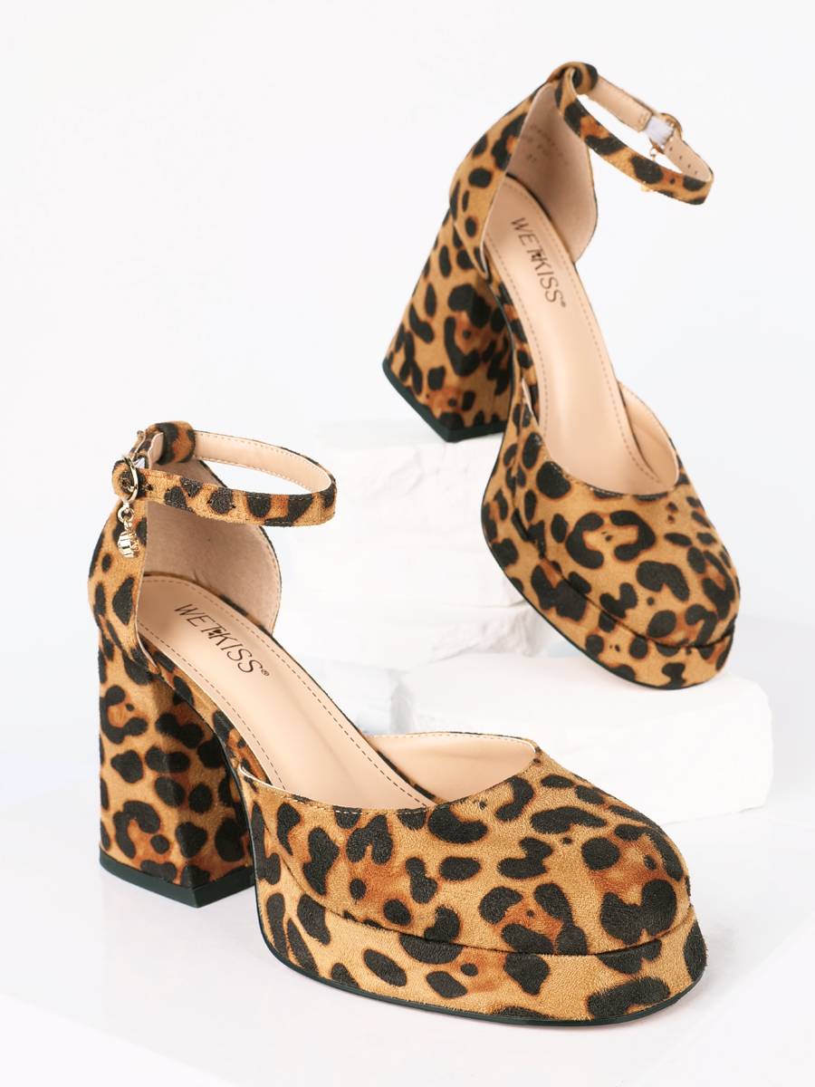 Leopard Print Faux Suede Block Heel Pumps