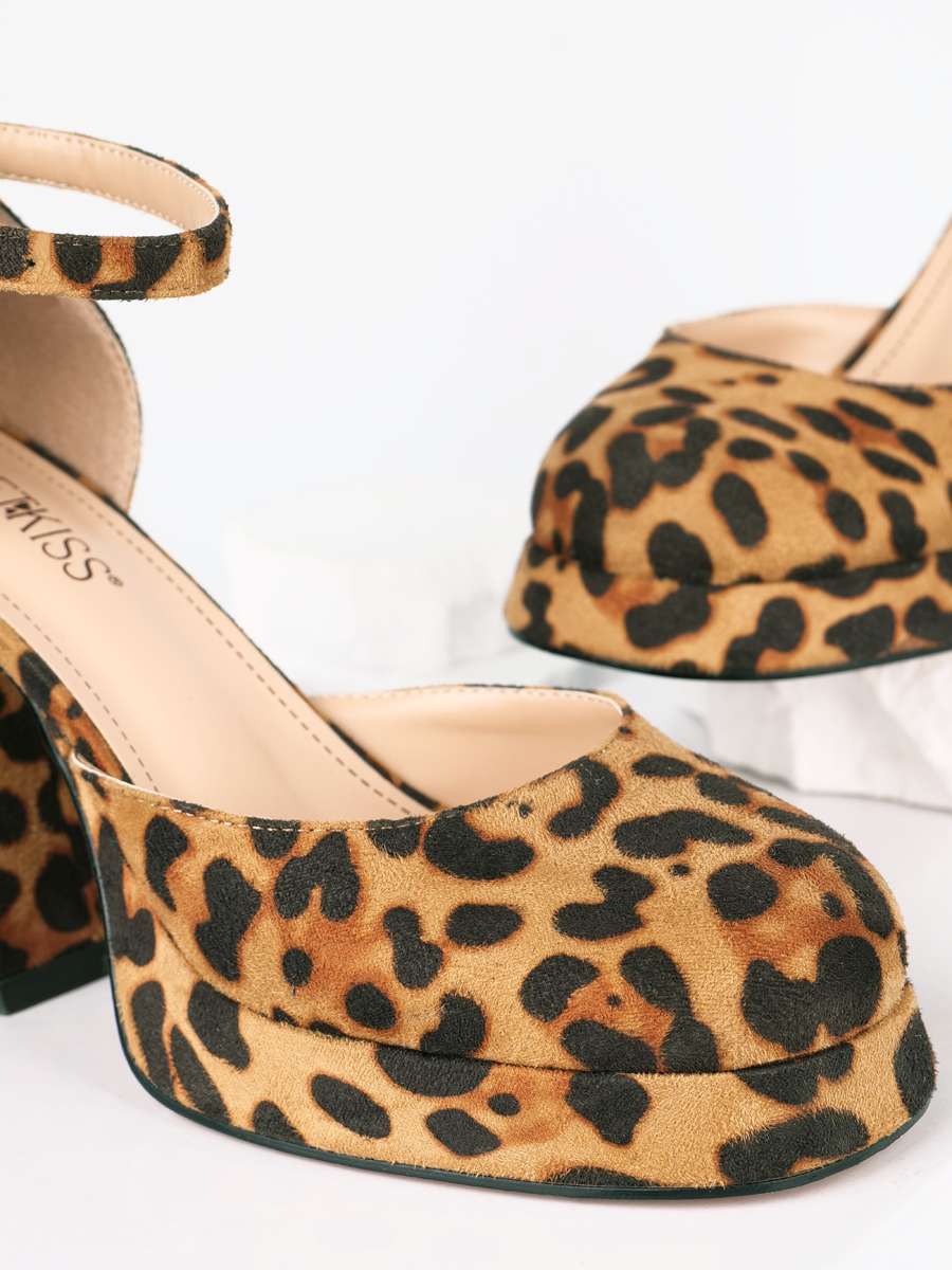 Leopard Print Faux Suede Block Heel Pumps