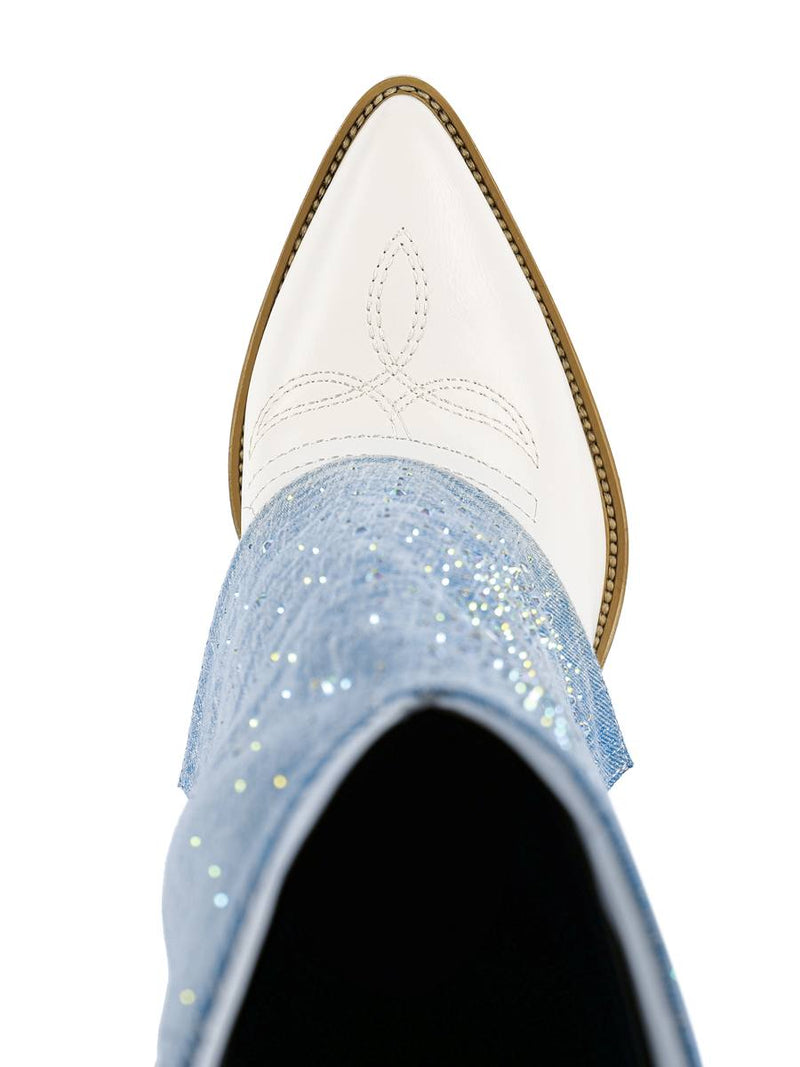 Denim Rhinestones Embroidered Boots