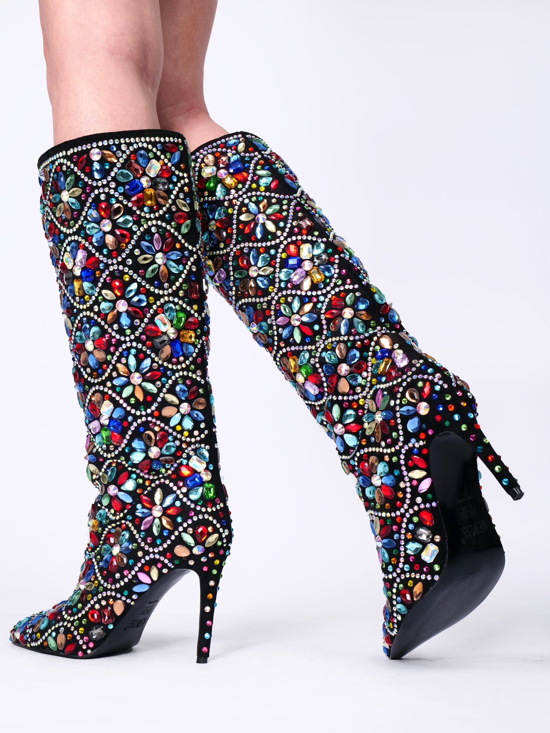 Colorful Rhinestone Knee High Boots