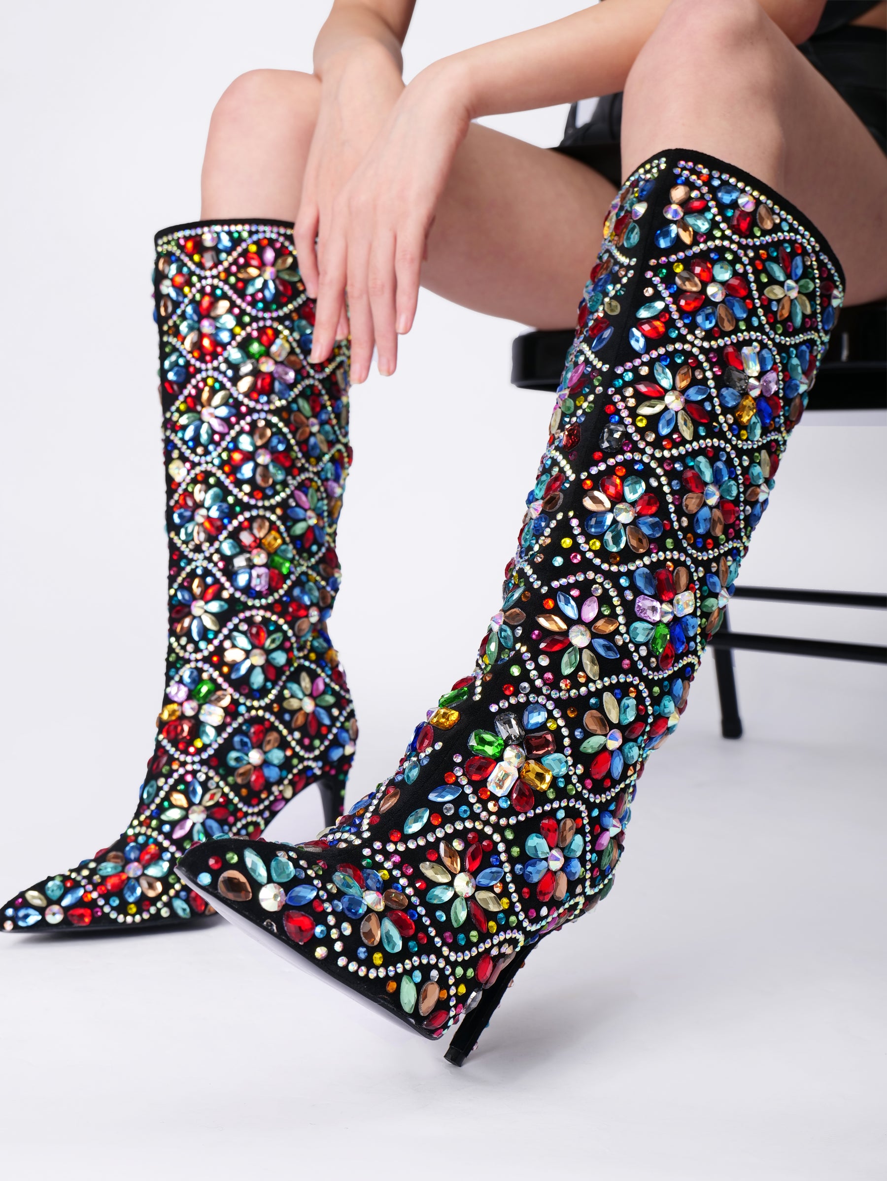 Colorful Rhinestone Knee High Boots