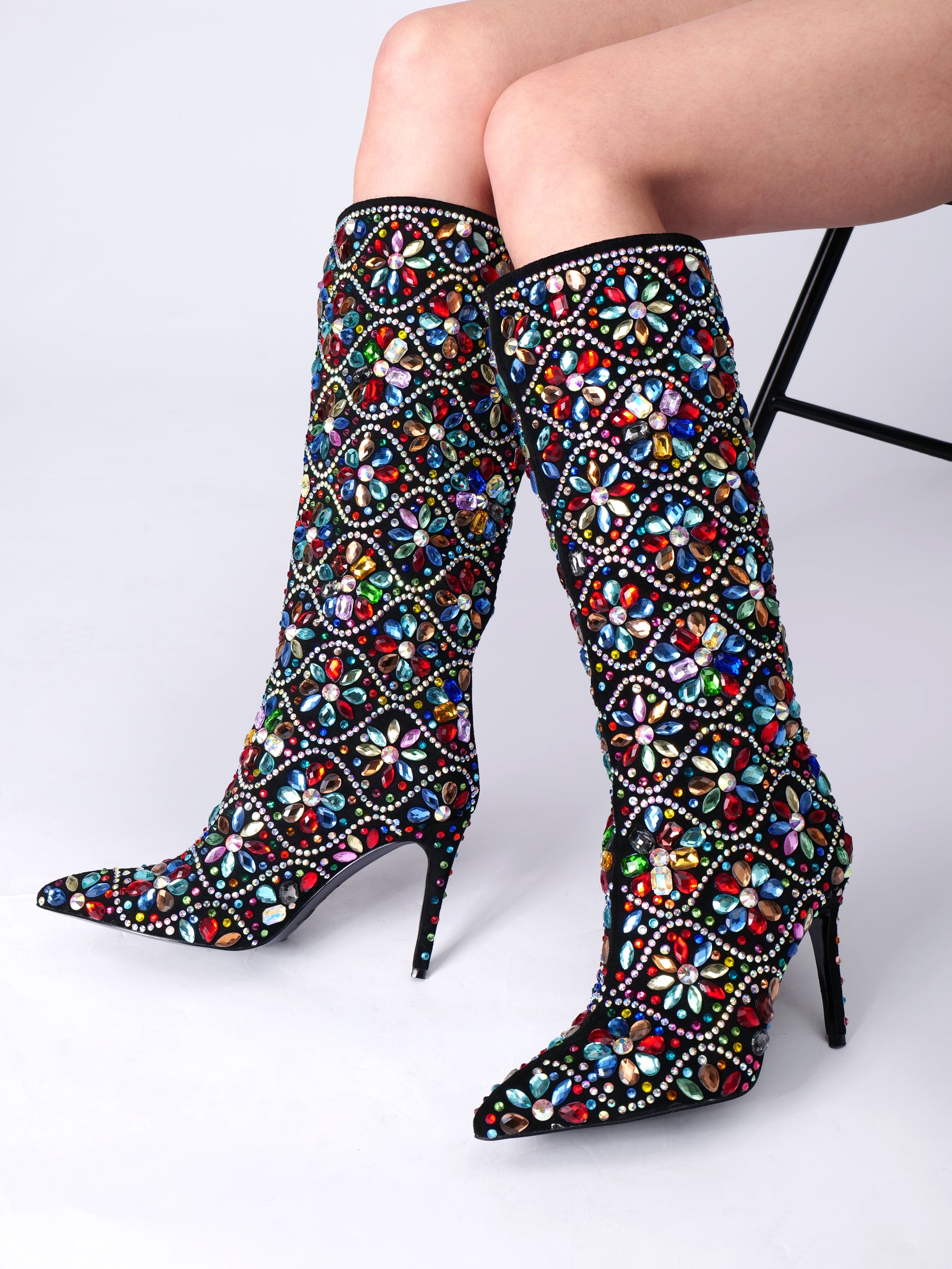 Colorful Rhinestone Knee High Boots