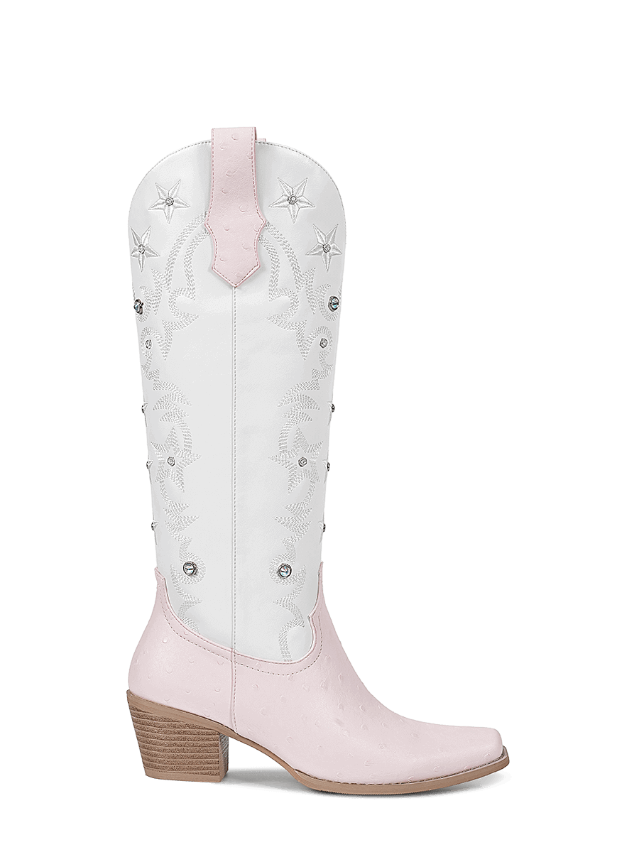 Pink-and-white-patchwork-orstrich-leather-side-zipper-boots