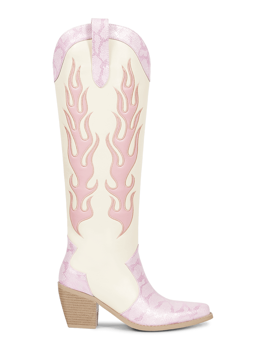 Pink-light-beige-patchwork-snake-print-side-zipper-cowgirl-boots