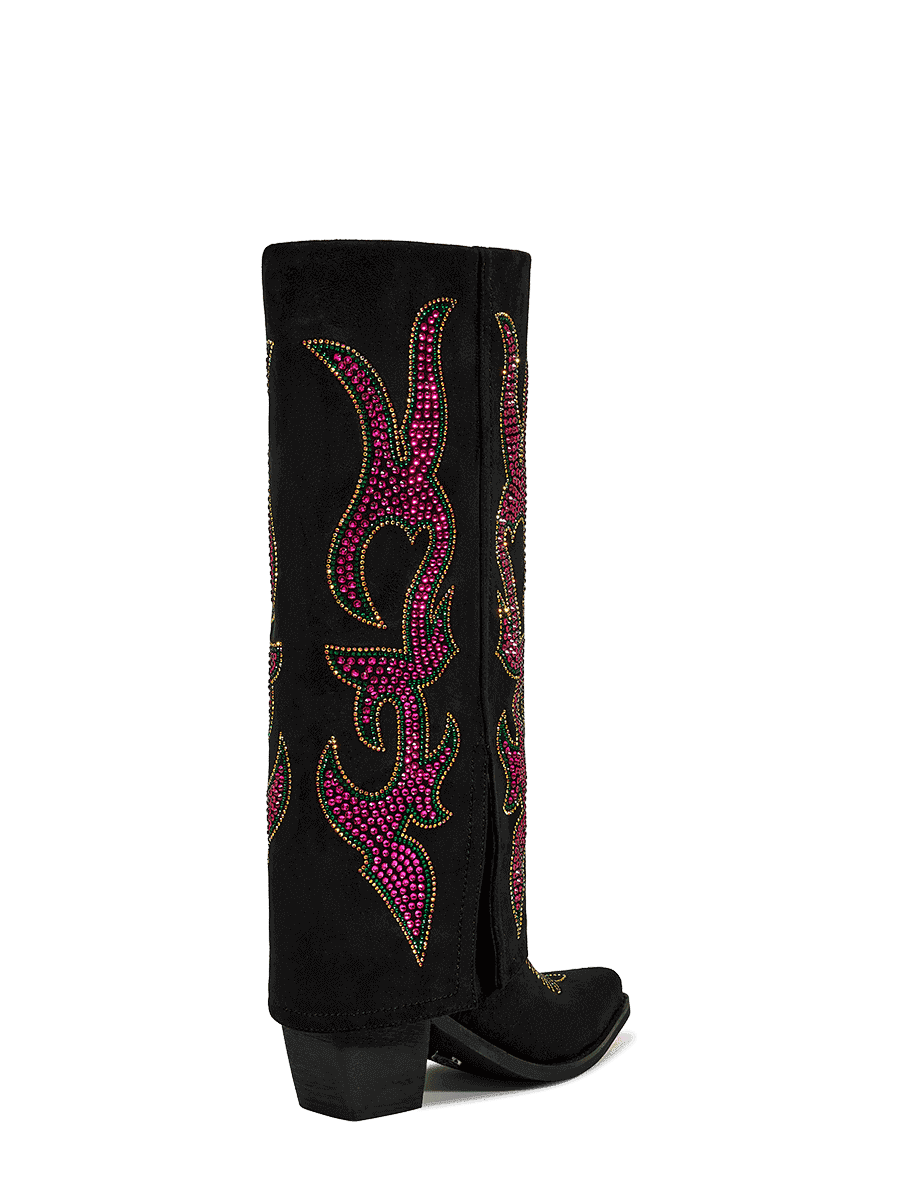 Pink-rhinestones-flame-fold-over-mid-heel-black-boots
