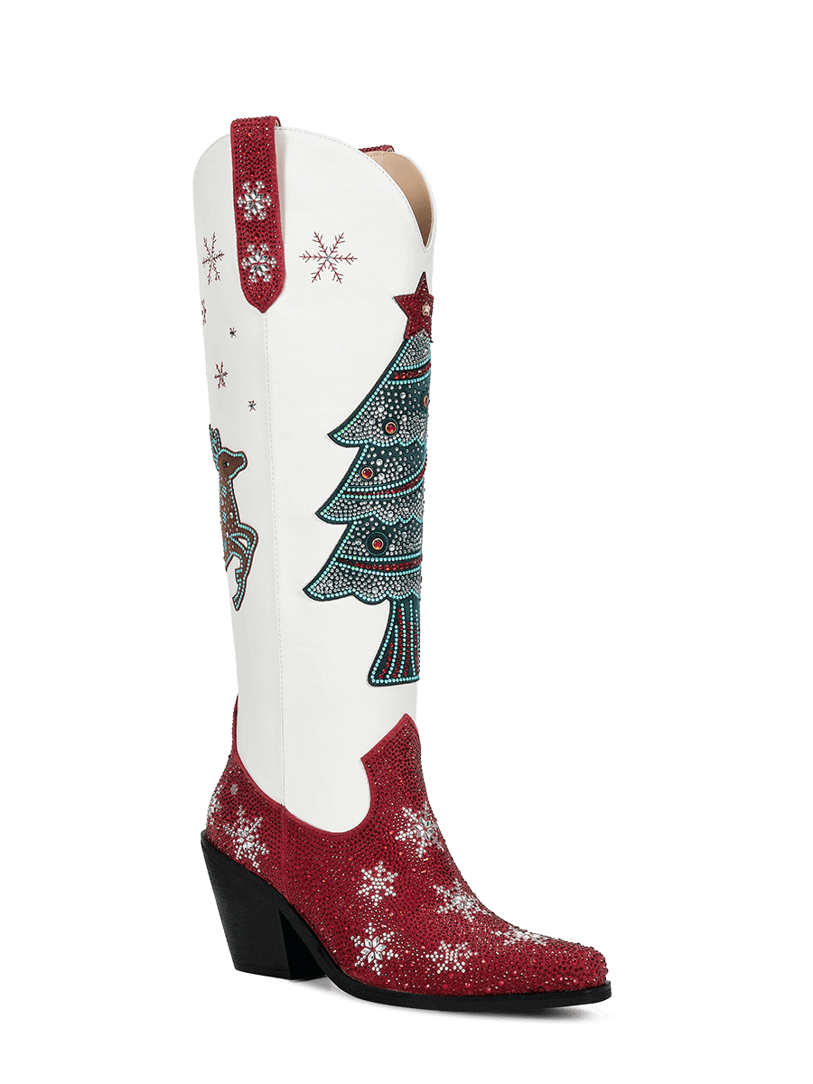 Red-and-white-christmas-ttree-elk-snowflake-rhinestone-cowgirl-boots