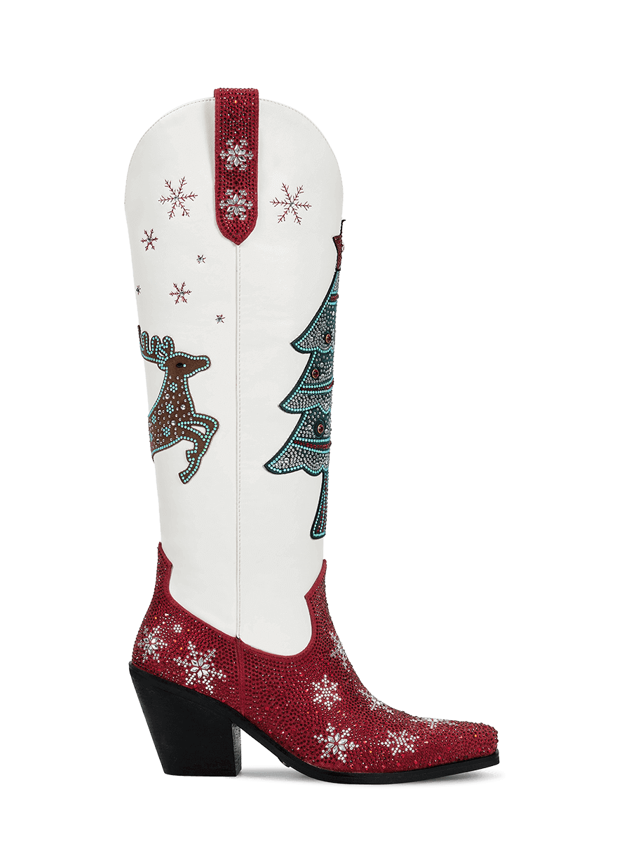 Red-and-white-christmas-ttree-elk-snowflake-rhinestone-pull-on-cowgirl-boots