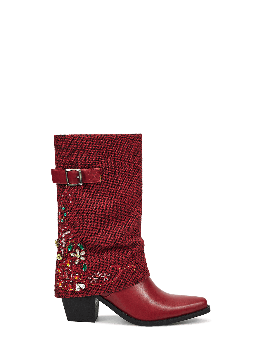 Red-knitted-gem-fold-over-side-zipper-cowgirl-boots