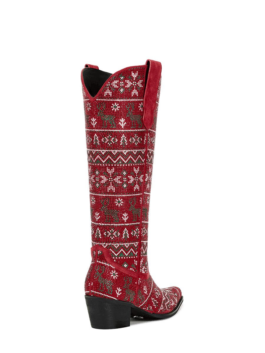 Red-rhinestone-christmas-elements-mid-heel-western-boots