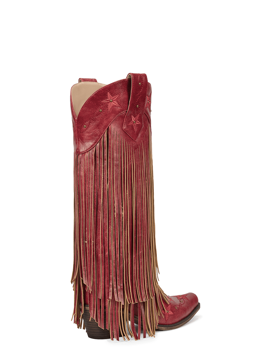 Red-studs-embroidered-star-fringe-mid-heel-cowgirl-boots