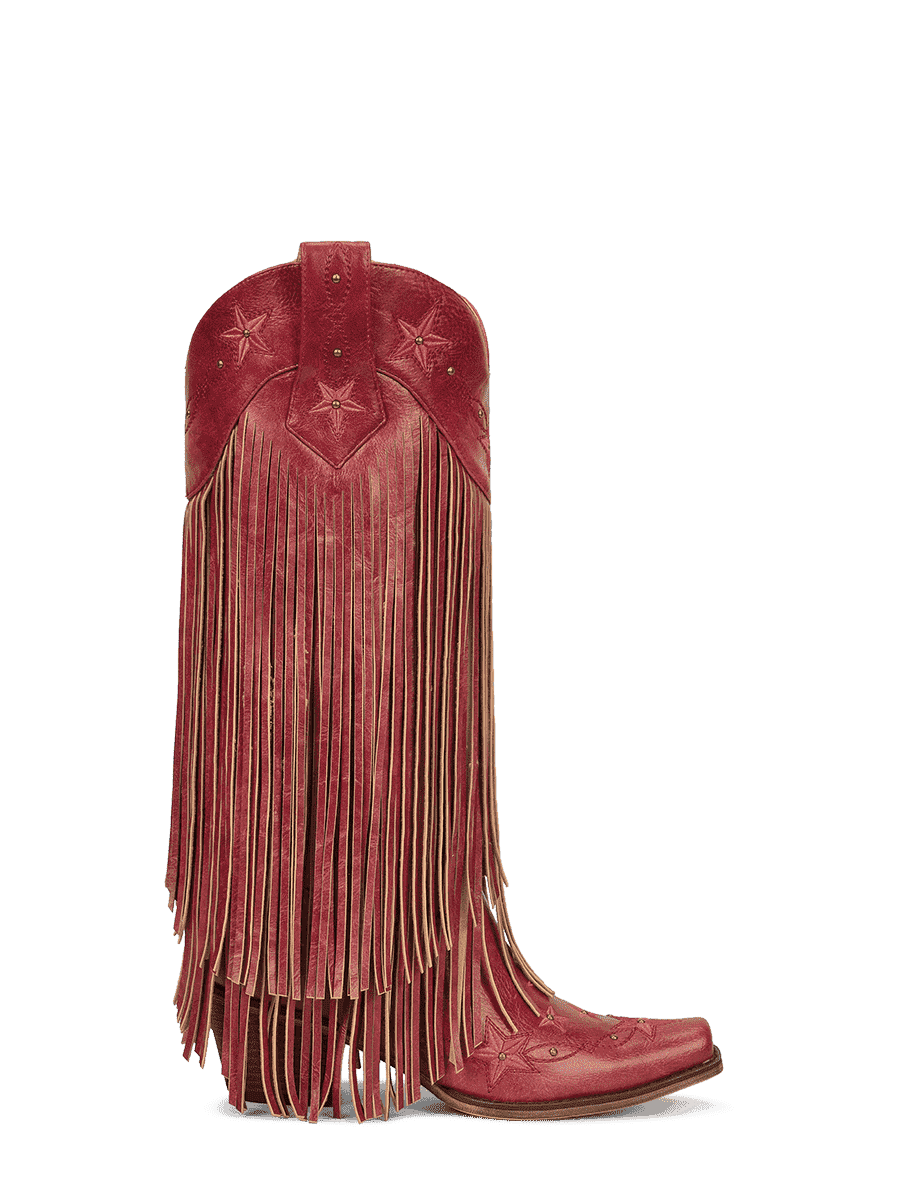 Red-studs-embroidered-star-fringe-side-zipper-cowgirl-boots