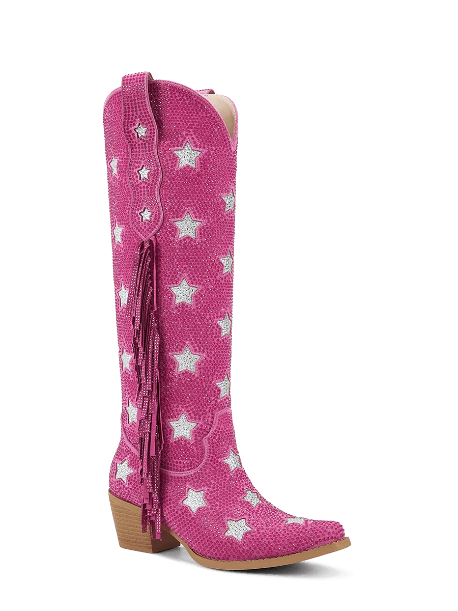 Rose Red Full Rhinestone Star Embellished Suede Cowgirl Boots