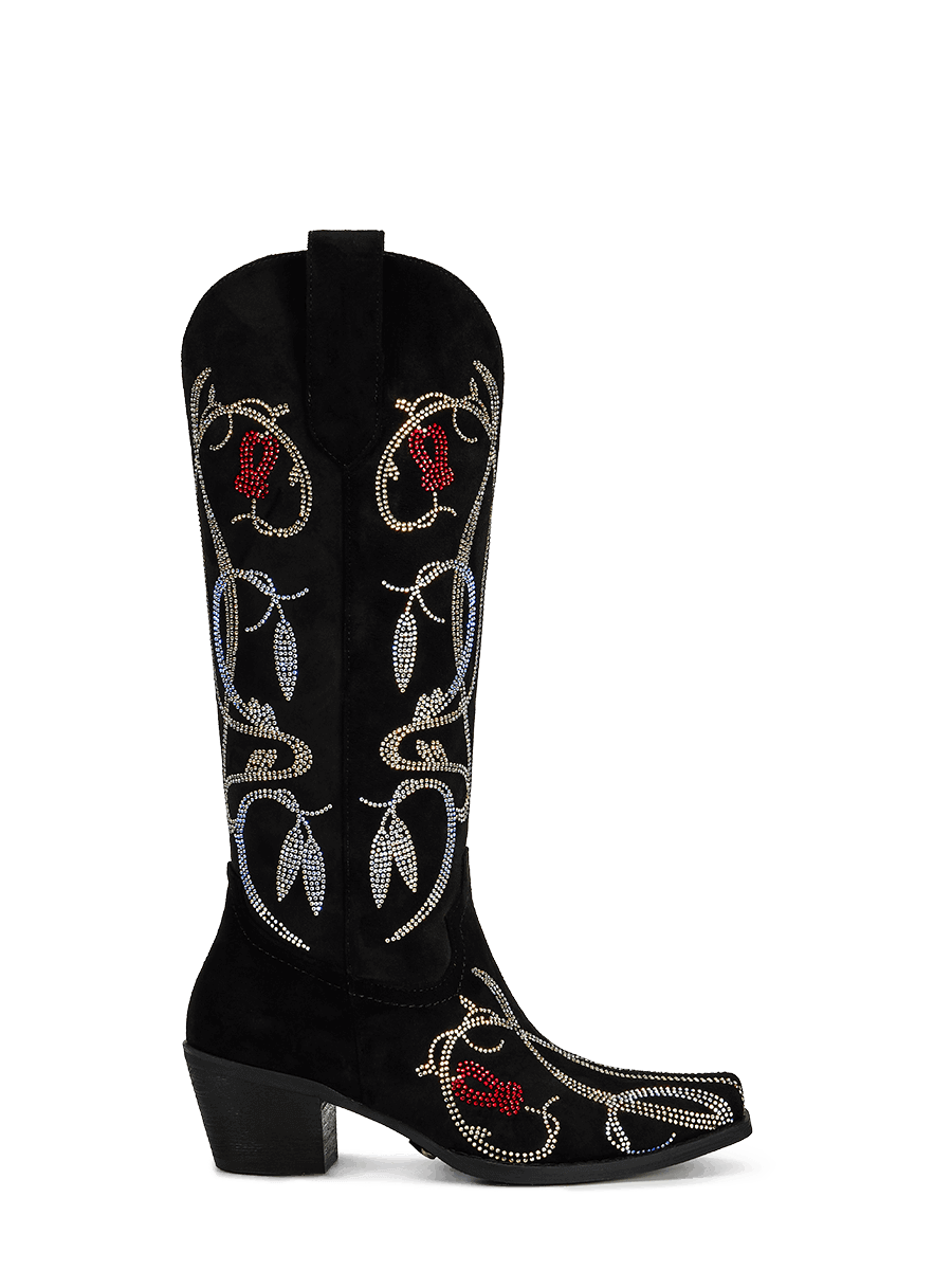 black-rhinestone-lily-pattern-side-zipper-cowgirl-boots