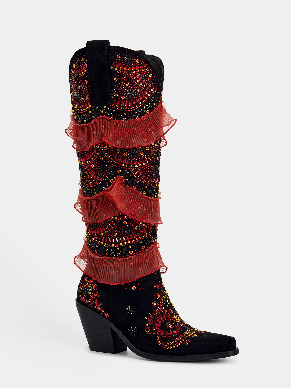 black_suede_red_gold_rhinestone_layered_tulle_ruffle_boots