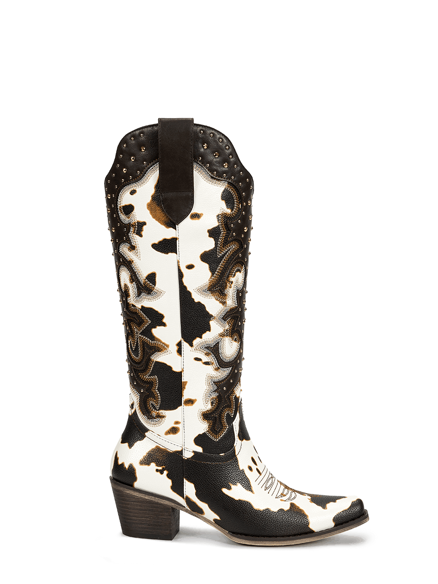 dark-brown-and-white-embroidered-cow-print-cowgirl-boots-side-zipper