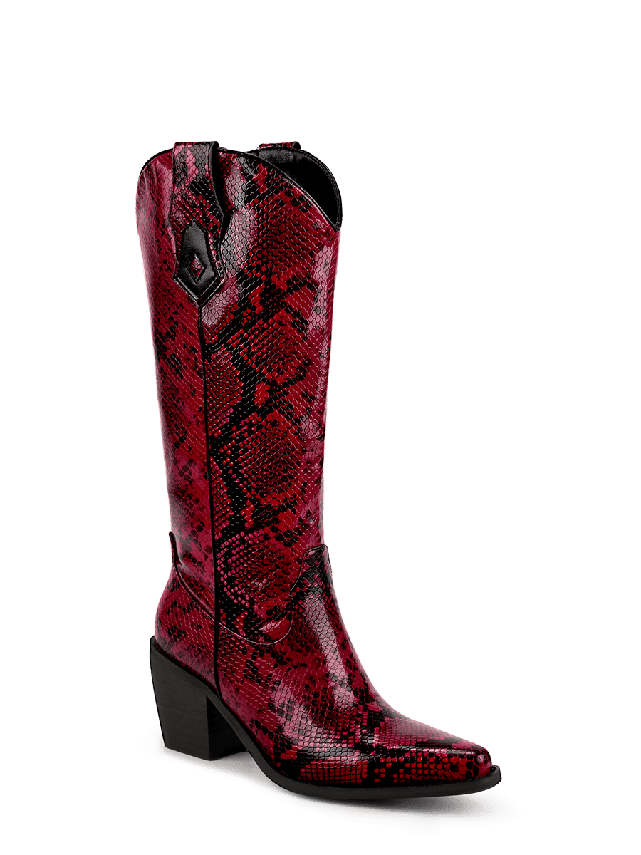 Red Snake Print Cowgirl Boots Pointed Toe Western Boots WETKISS