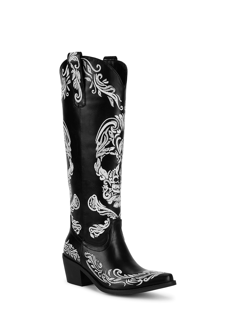 Skull Embroidered Black Women s Western Boots WETKISS