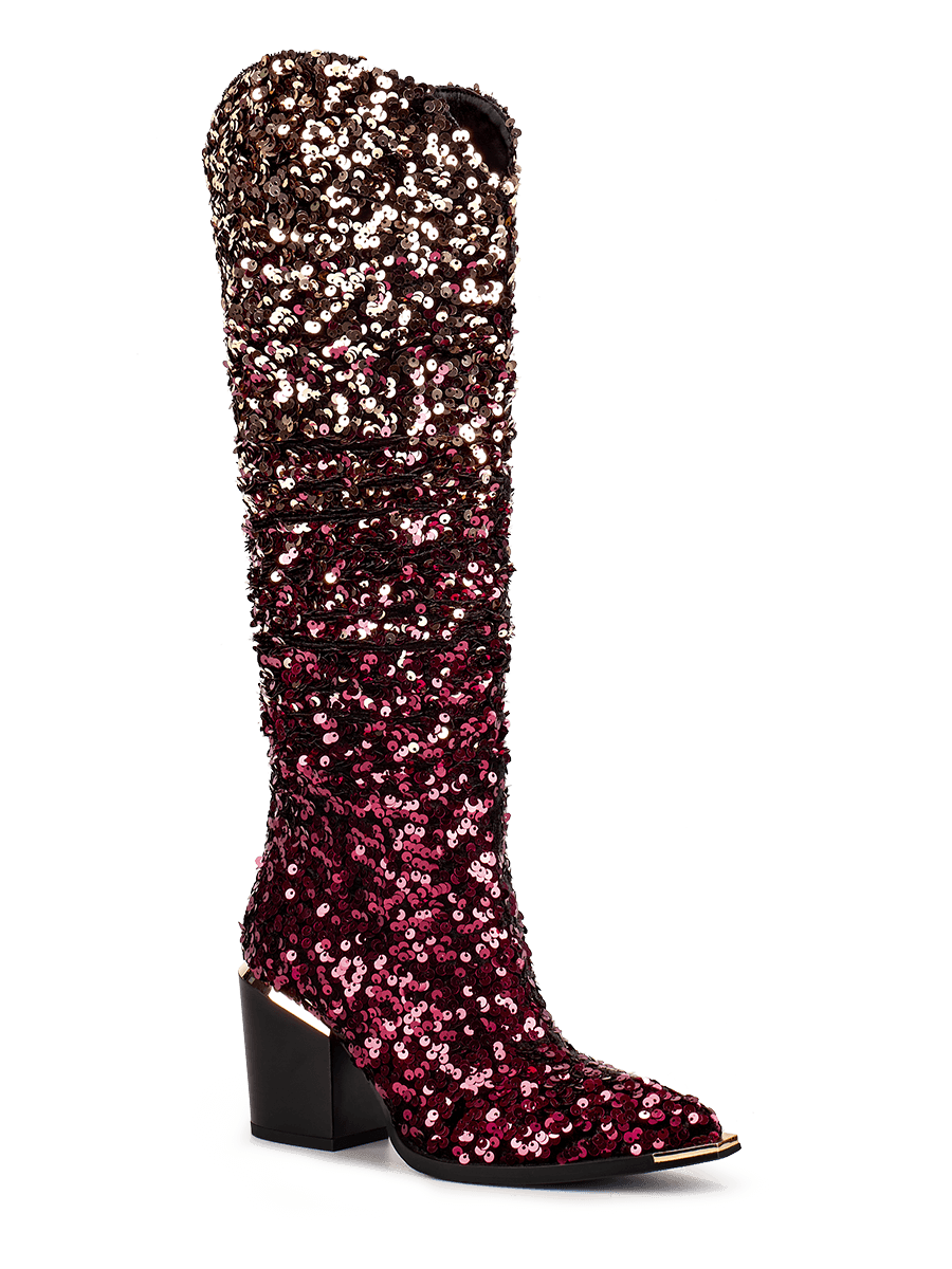 Gradient Color Sequin High Heel Mid Calf Steel Toe Boots WETKISS