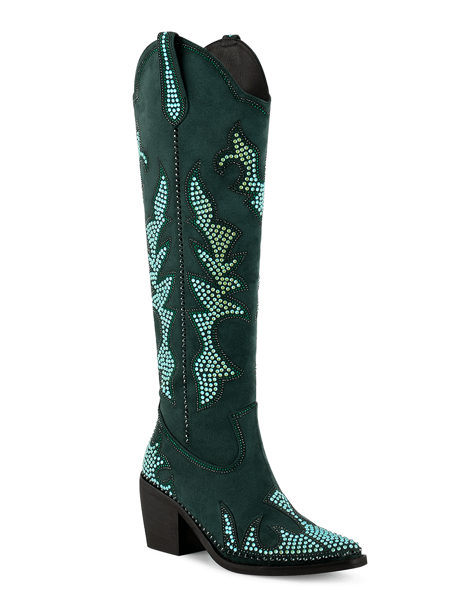 Botas altas hasta la rodilla de ante sintético verde con diamantes