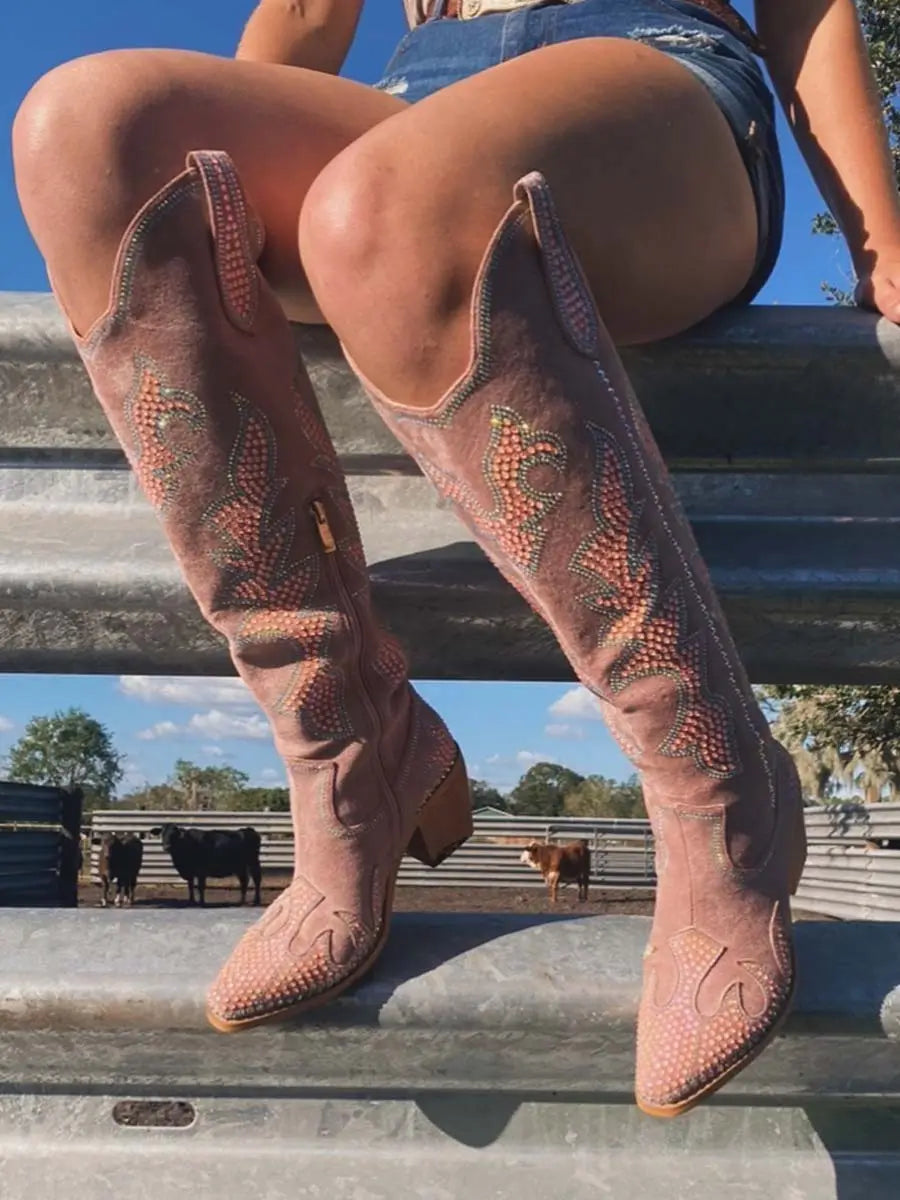 Wetkiss_Women's_pink_rhinestone_knee-high_western_boots