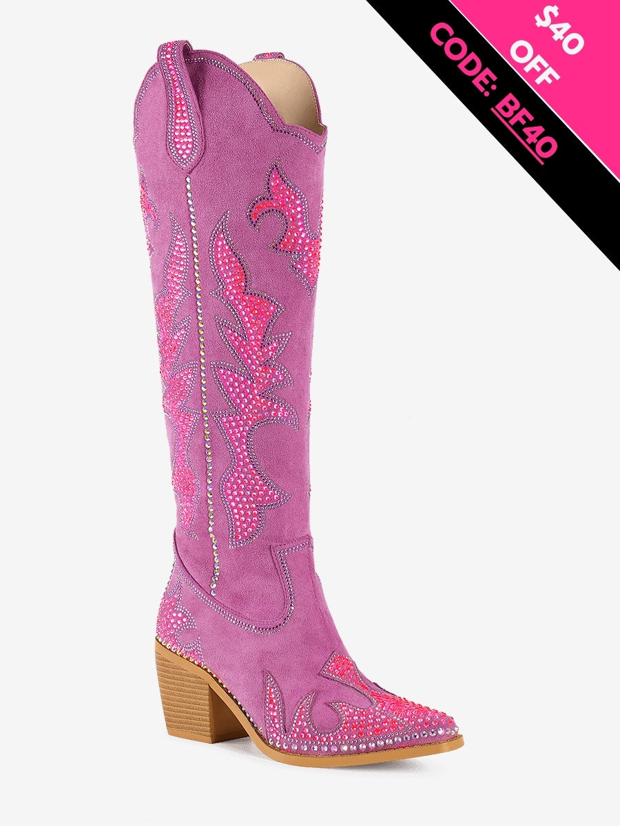Rose Red Faux Suede Rhinestone Knee High Boots | WETKISS