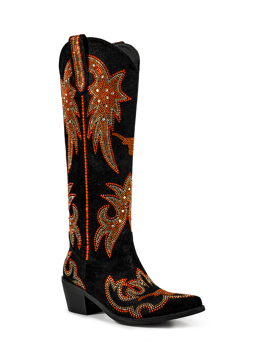 Black Rhinestones Faux Suede Knee High Western Boots | WETKISS