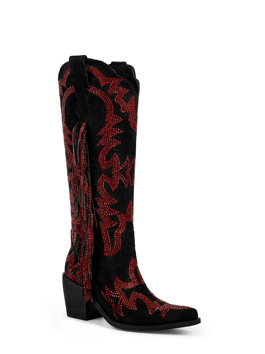 Black Rhinestone Fringe Ladies Knee High Western Boots WETKISS