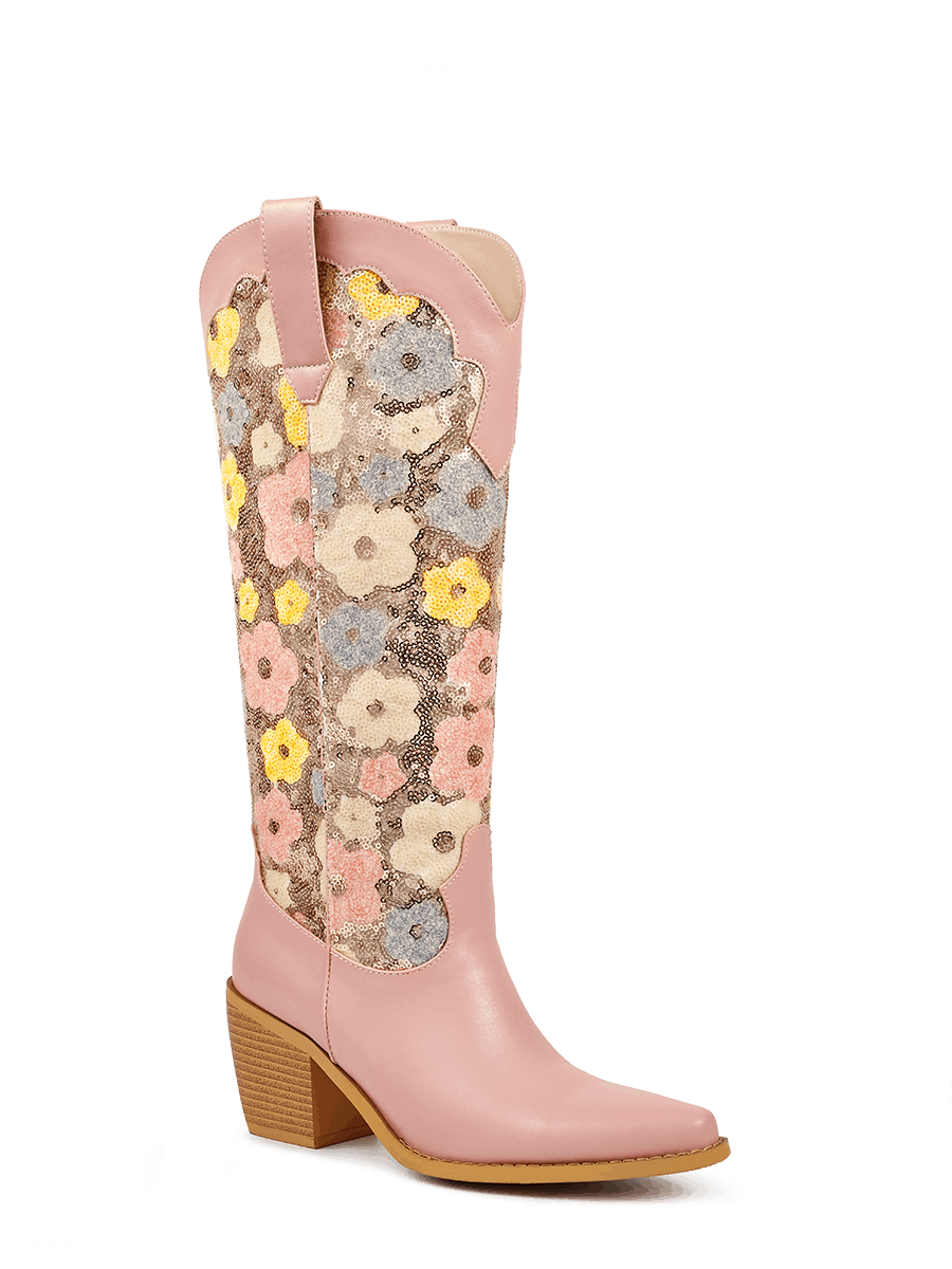 Pink Sequin Floral Knee High Women's Cowgirl Boots WETKISS