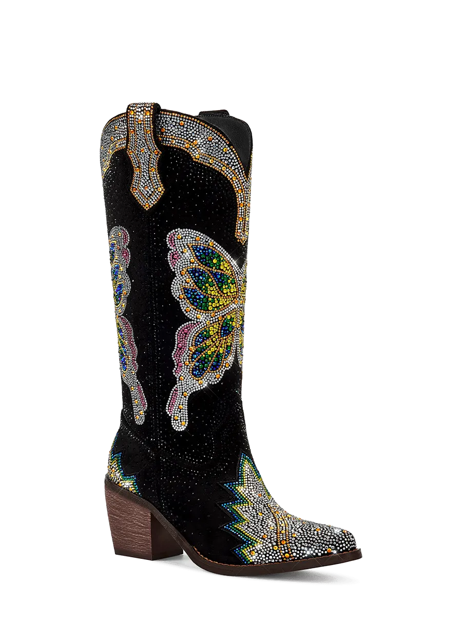 A black western boot featuring a colorful butterfly rhinestone pattern on the upper, with a round snip toe and a block heel.