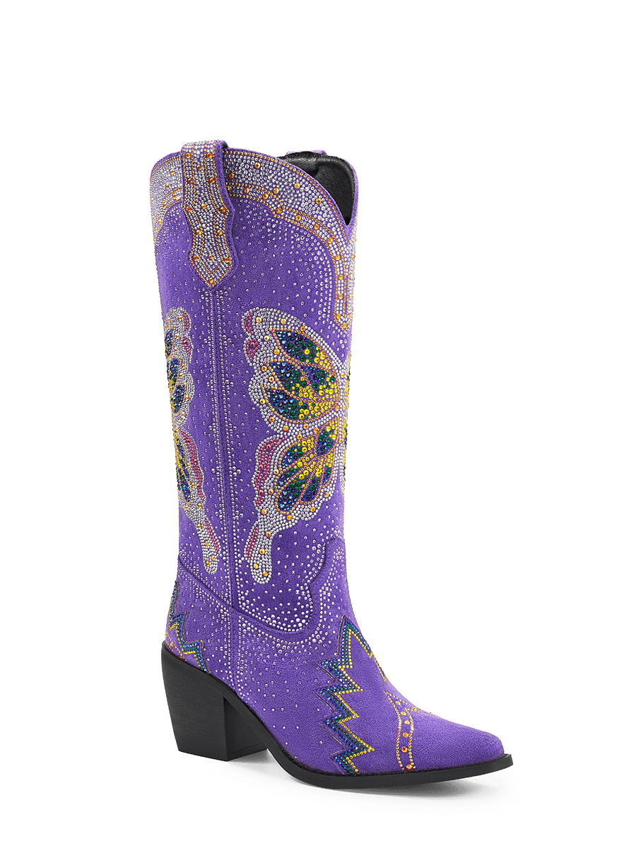 Butterfly Pattern Rhinestone Purple Knee High Cowboy Boots | WETKISS