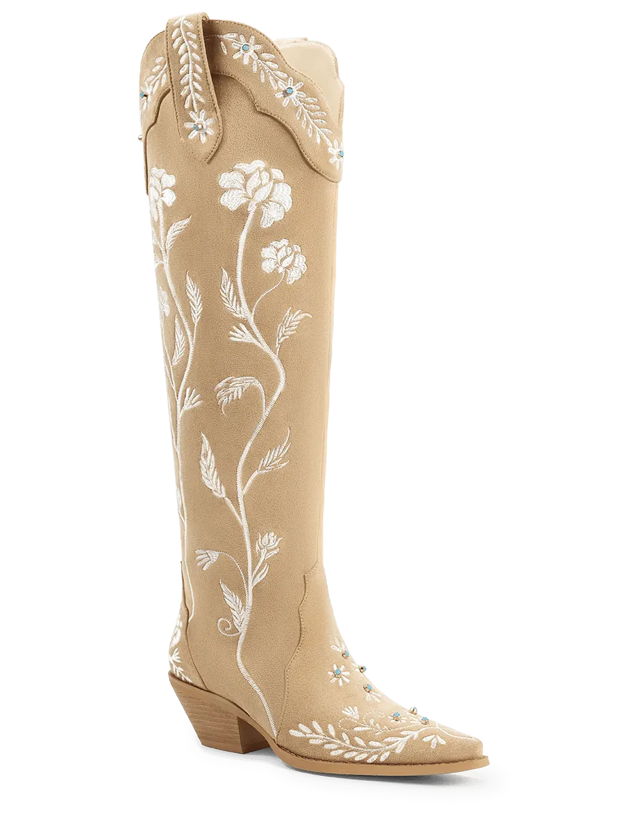 Apricot Floral Embroidered Turquoise Faux Suede Cowboy Boots | WETKISS