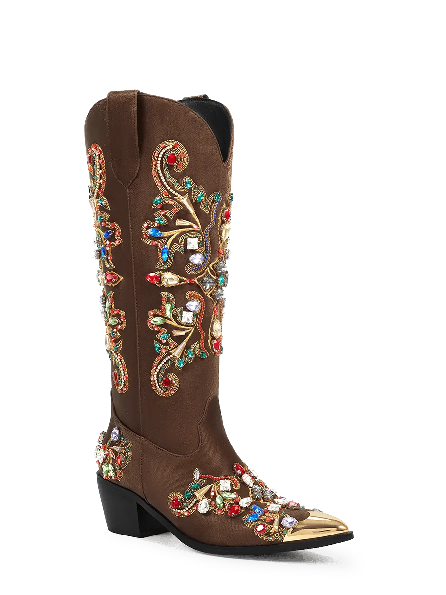 Dark Brown Jewel Velvet Metal Toe Western Boots WETKISS