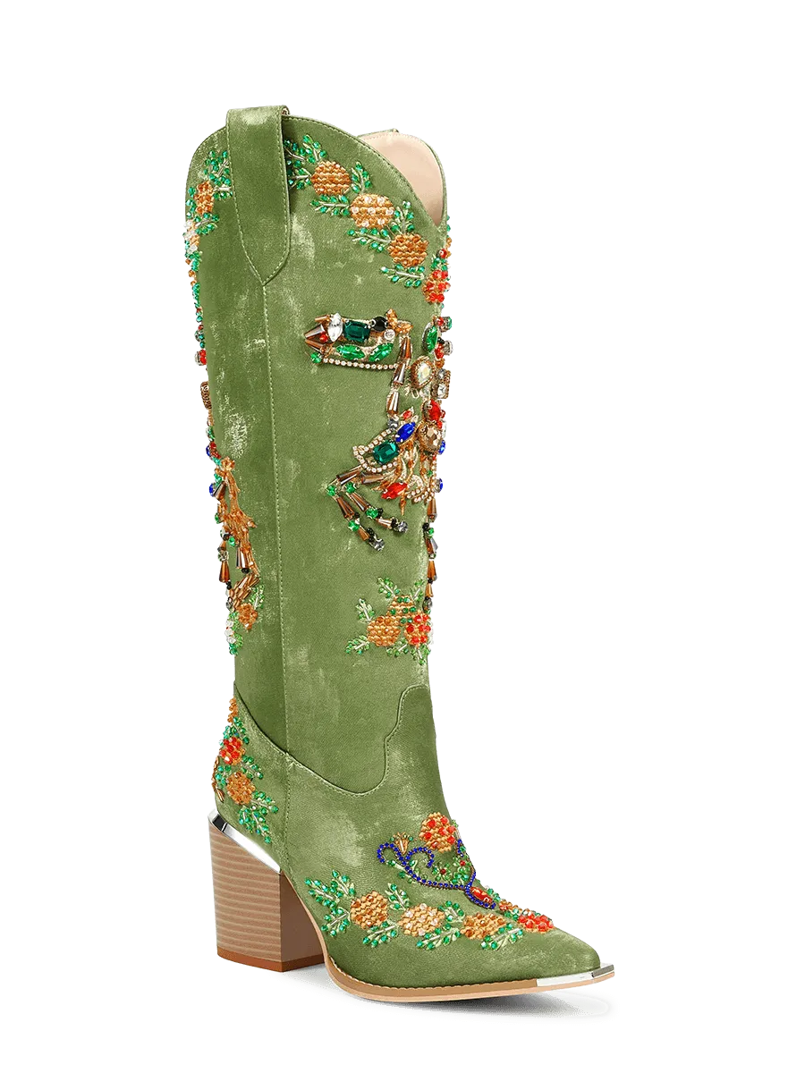Green Jewel Pointed Toe Western Boots with Steel Toe | WETKISS