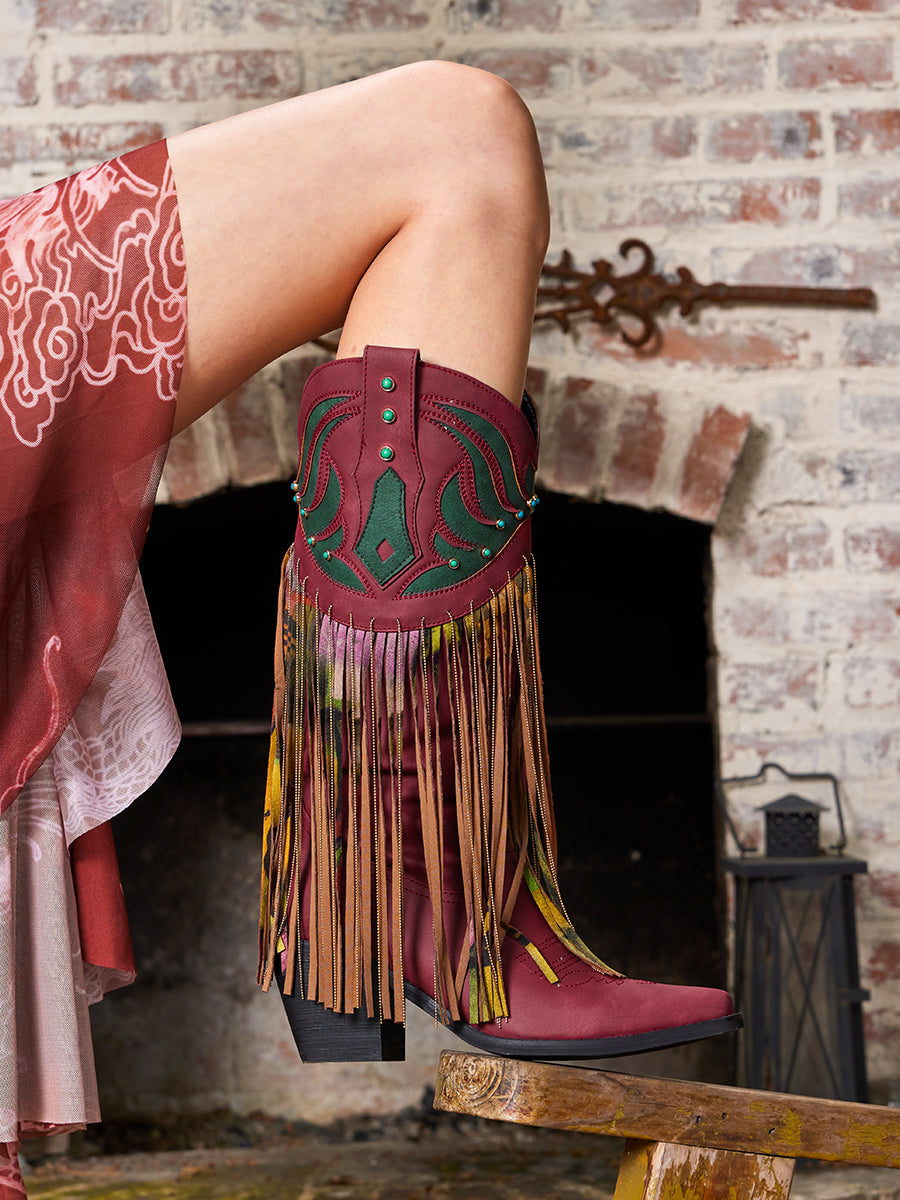 Wetkiss Red Floral Fringe Boots - MC014 - Aspect