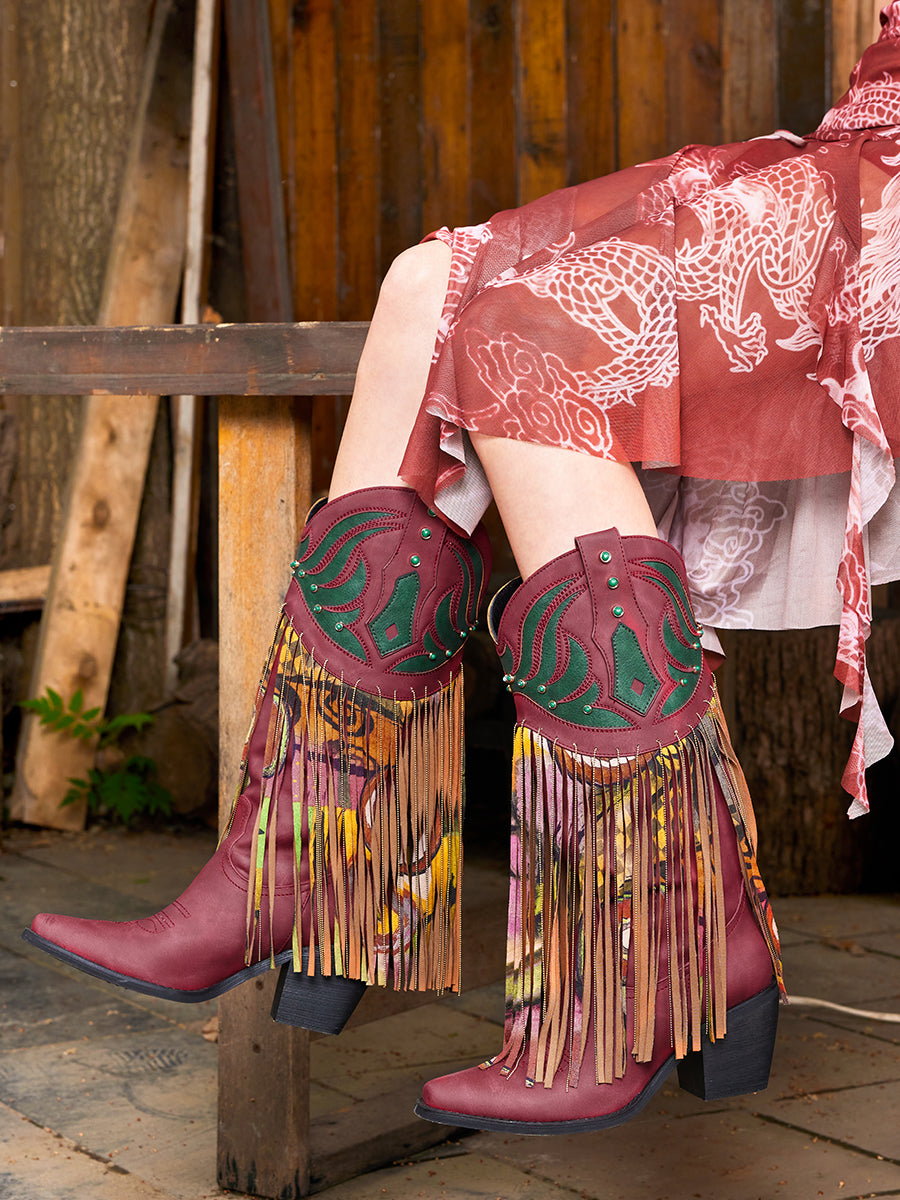 Wetkiss Red Floral Fringe Boots - MC014 - Aspect