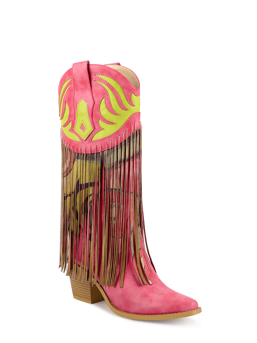 Pink floral fringe womens cowboy boots with chain WETKISS