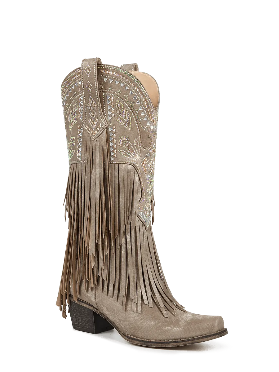A pair of gray velvet mid-calf cowboy boots with fringe and rhinestone embellishments, featuring a snip toe and chunky heel.