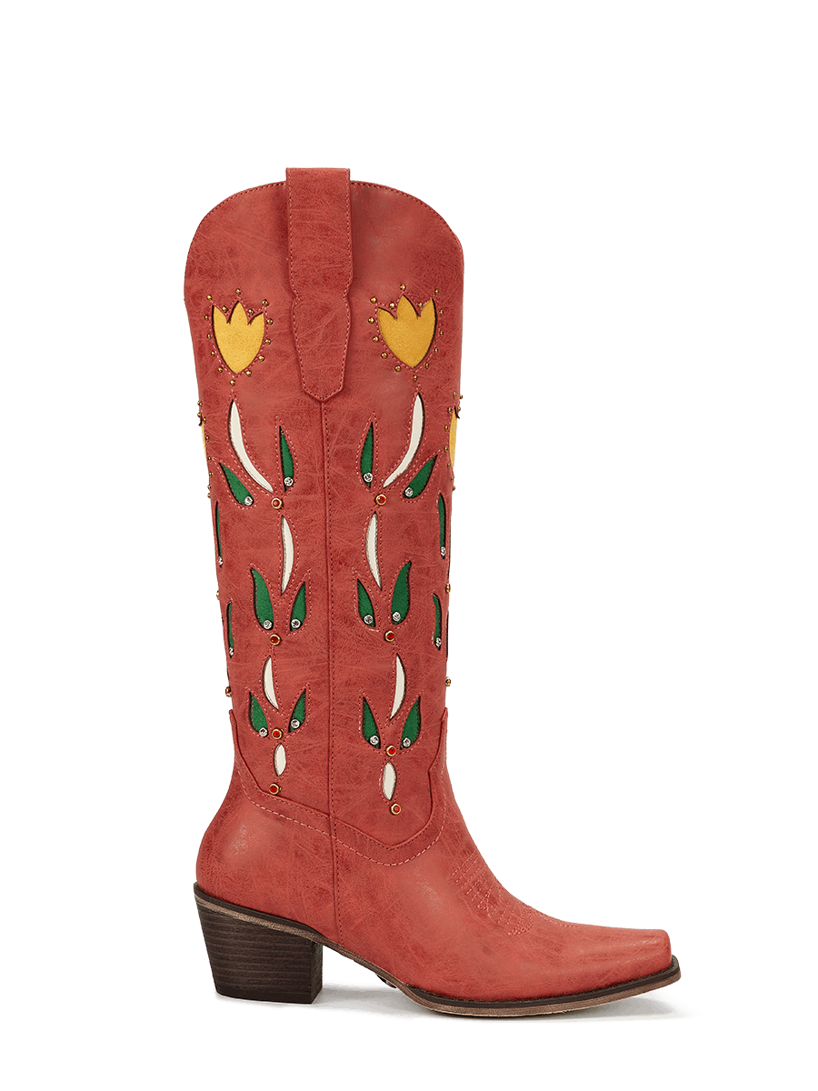 orangey-red-cut-out-floral-side-zipper-western-cowgirl-boots