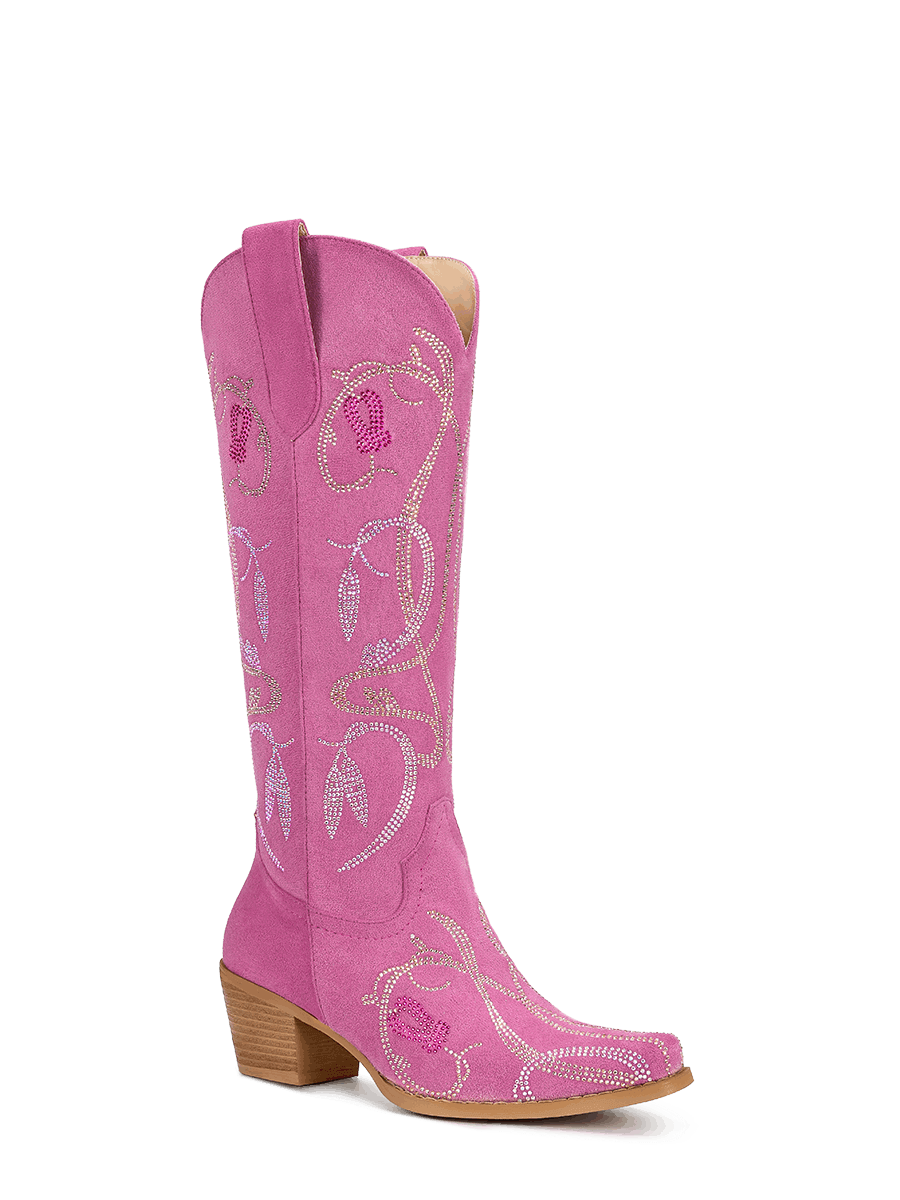 イマン ポワージュピンクビート入りキャニスターＬＬ Pink Rhinestone Lily Pattern Mid Calf Cowgirl Boots | WETKISS BOOTS