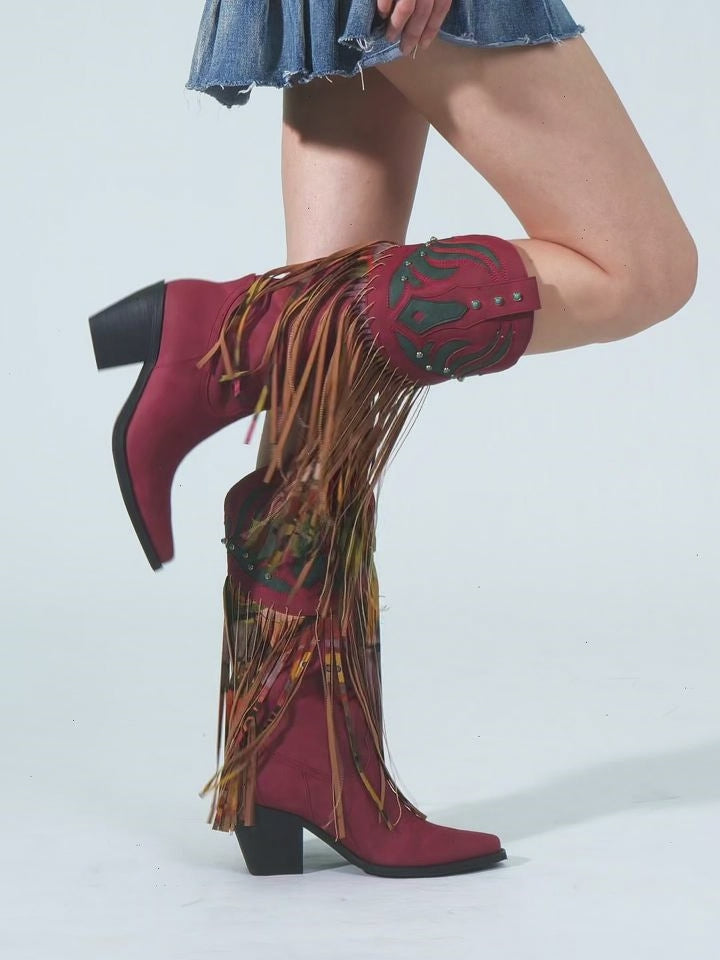 Wetkiss Red Floral Fringe Boots - MC014