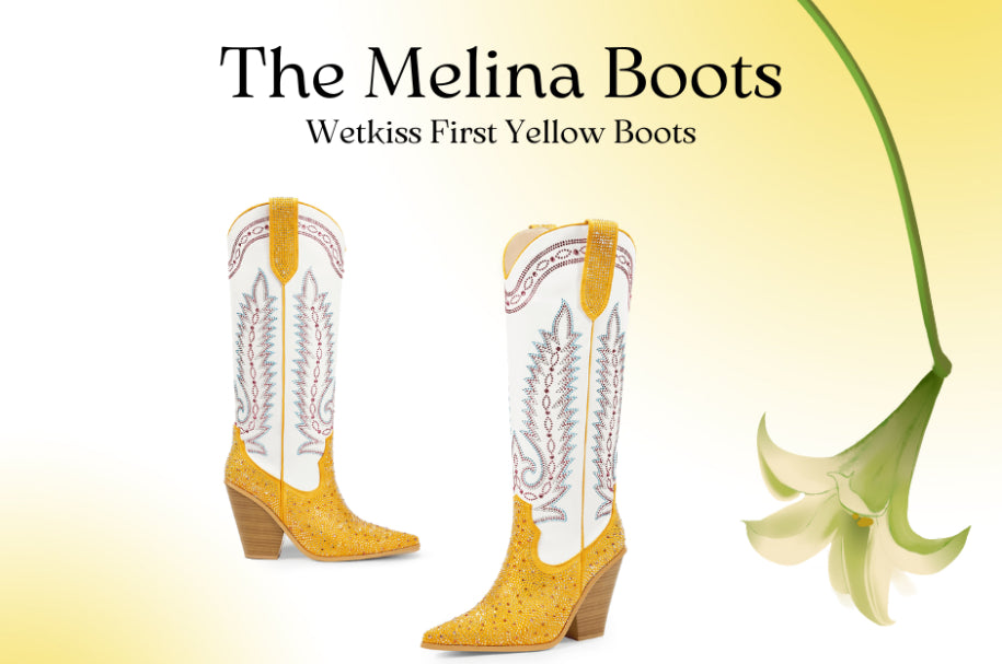 Radiant Style: Yellow Rhinestone Knee-High Cowboy Boots for Women