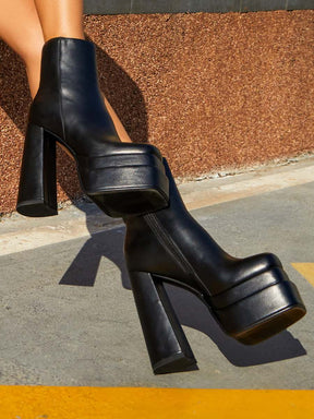 Square Toe Chunky High Heeled Stacked Platform Boots