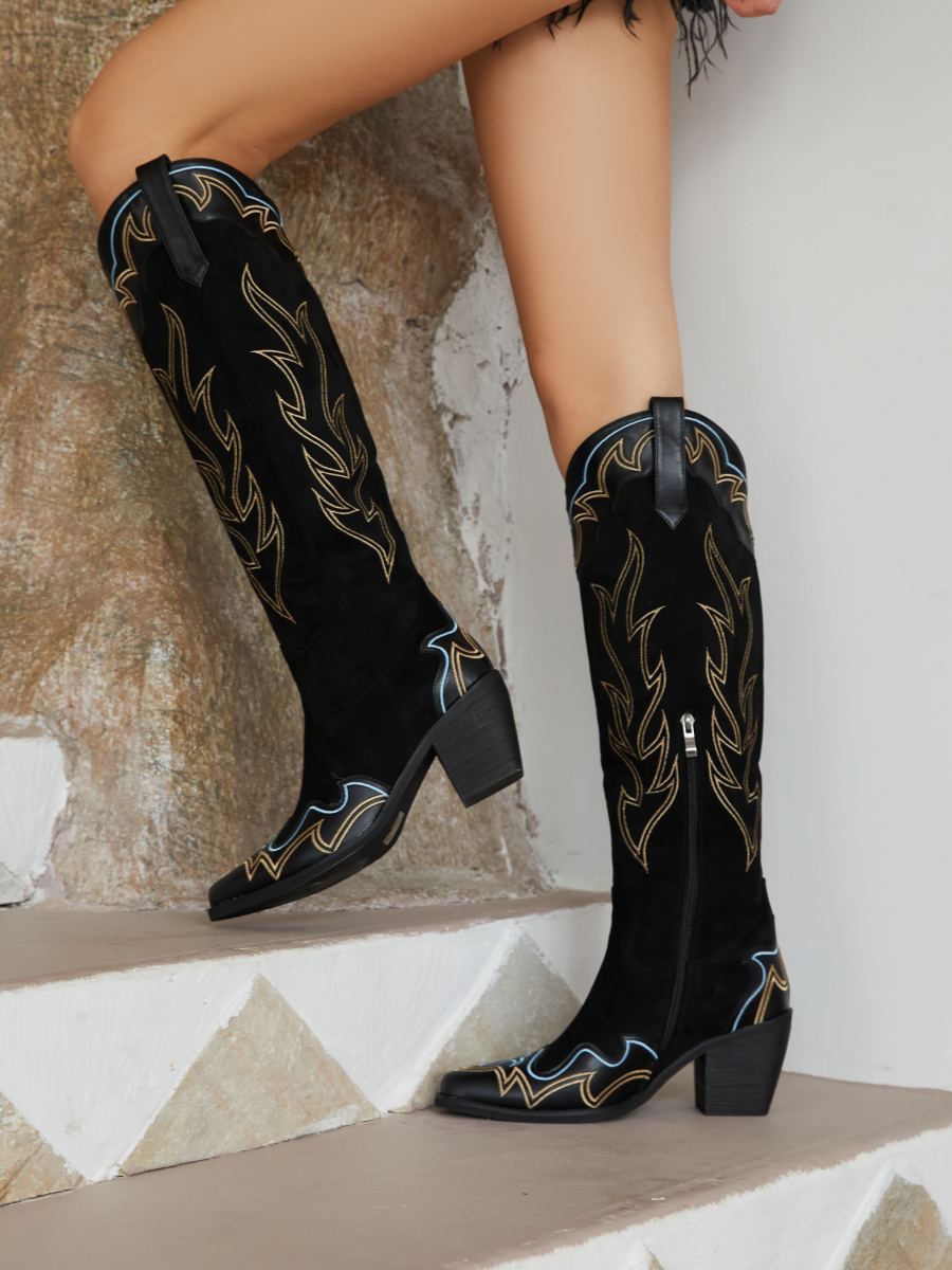 Splicing Faux Suede Embroidered Cowgirl Boots