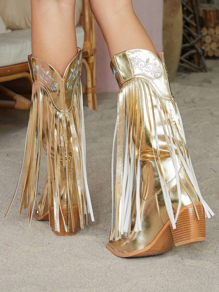 Metallic Luster Fringe Embroidery Cowgirl Boots