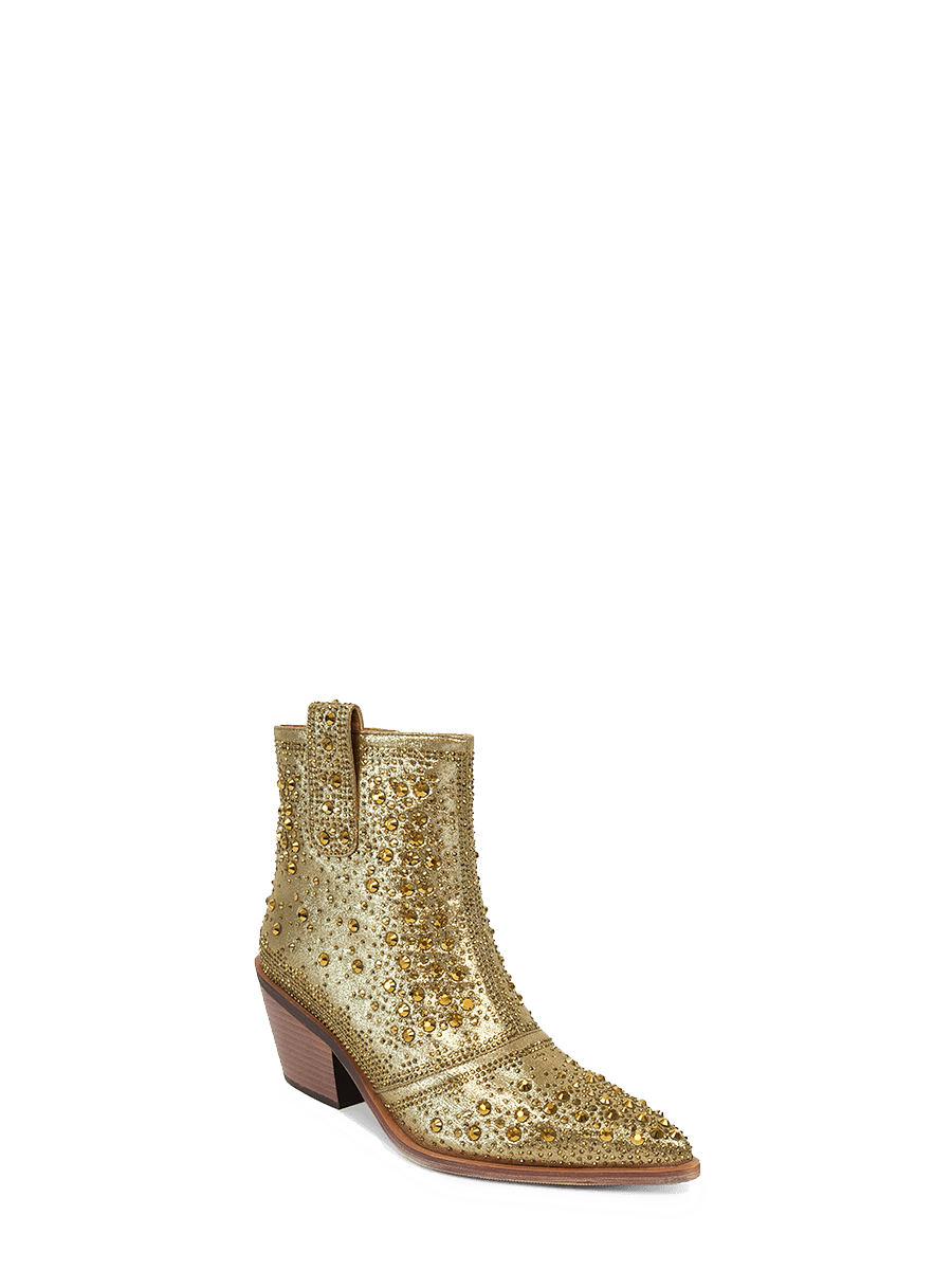 Gold Rhinestone Low Chunky Pointed Toe Ankle Boots | WETKISS
