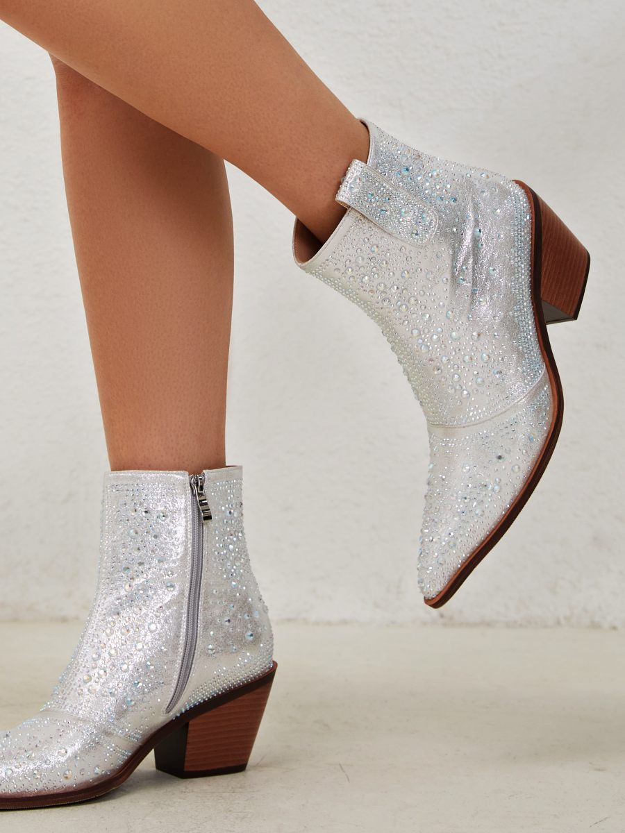Rhinestone Low Chunky Pointed Toe Ankle Boots