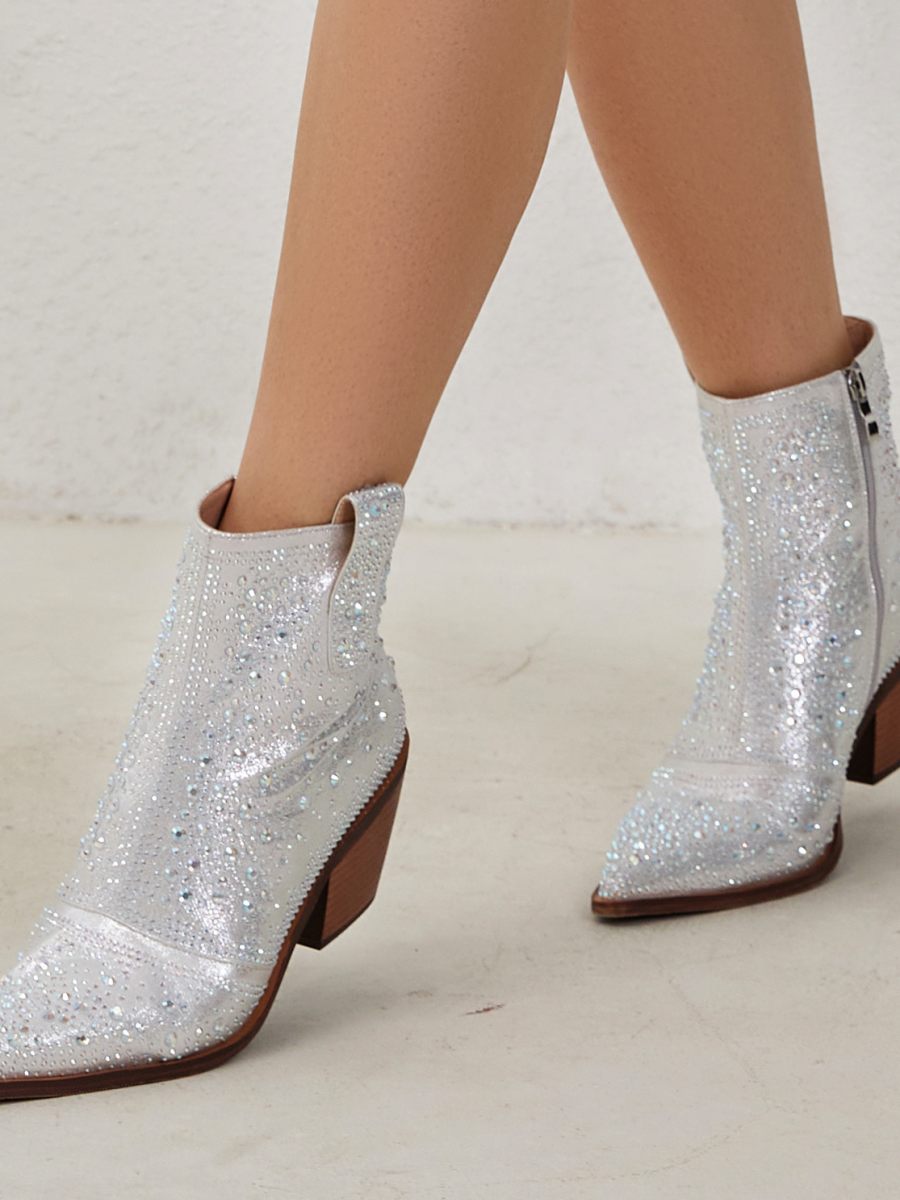 Rhinestone Low Chunky Pointed Toe Ankle Boots