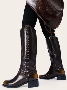 Retro Buckle Riding Boots With Rivets