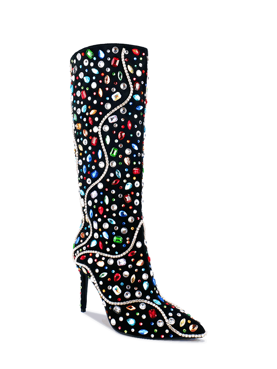 Colorful Wave Rhinestone Knee High Boots | Jewel-Embellished Stiletto ...